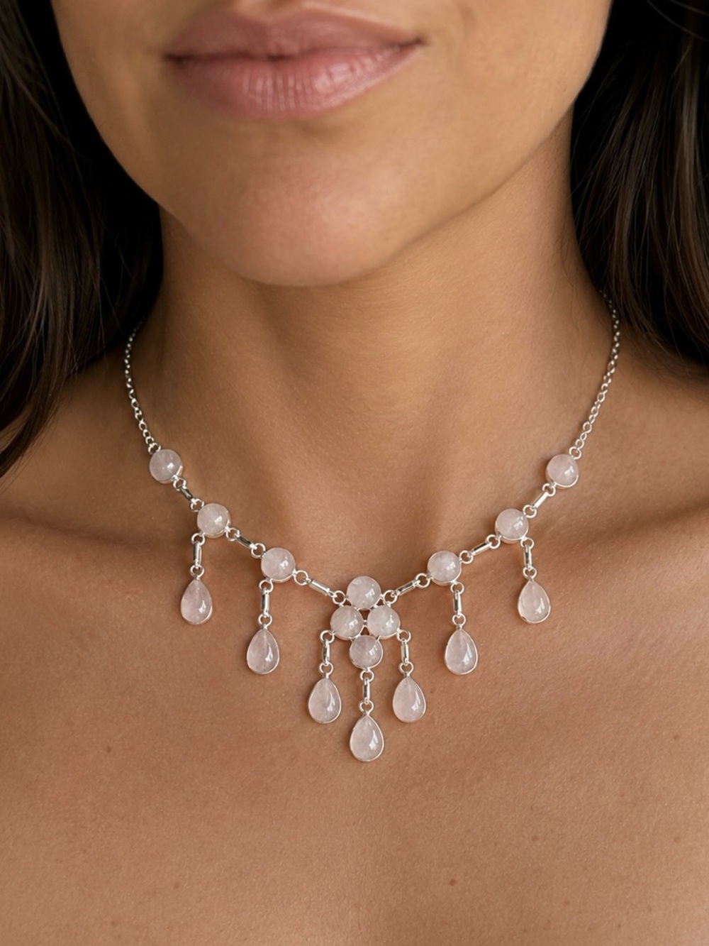 925 Rose Quartz Chandelier Elegant Multi Stone Necklace